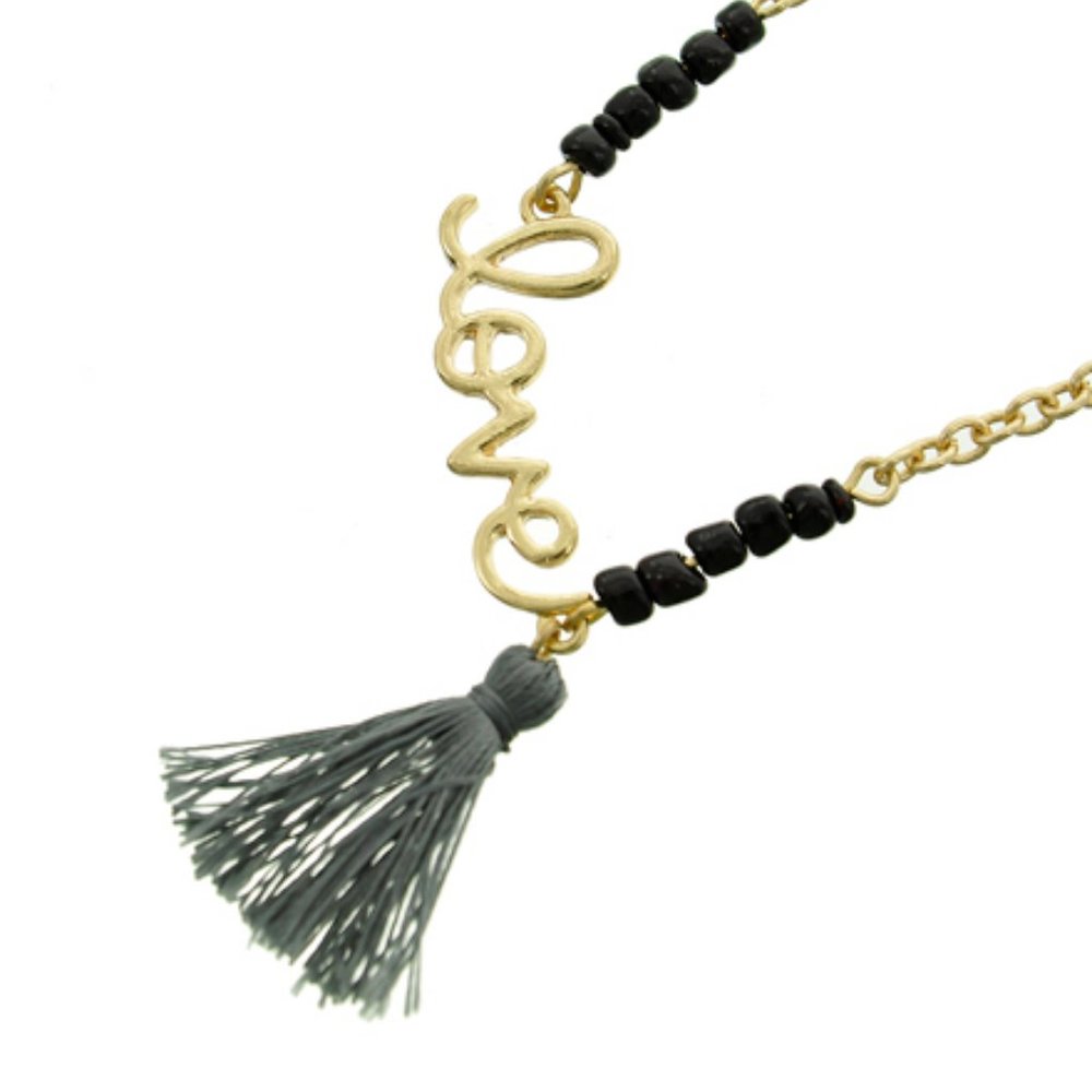 GOLD TONE BLACK BEAD LOVE TASSEL CHARM NECKLACE
